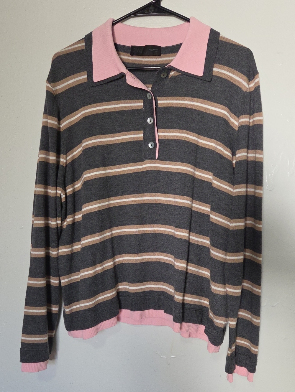 Zara Charcoal Striped Polo Sweater Top with Pink Trim